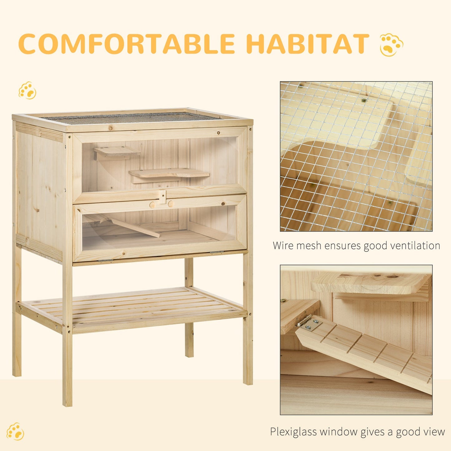 Wooden Hamster Cage with Storage Shelf, Small Animal Exercise Play House with Openable Top, for Hamsters, Gerbils, 60 x 40 x 80 cm - Natural