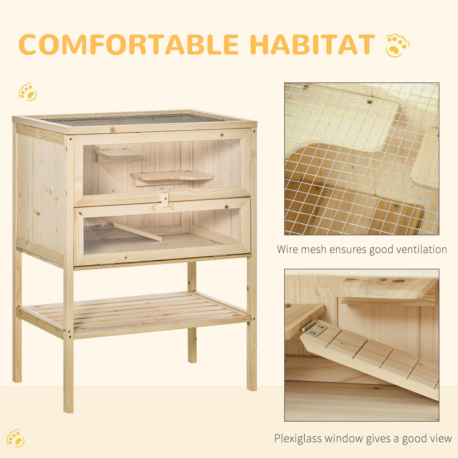 Wooden Hamster Cage with Storage Shelf, Small Animal Exercise Play House with Openable Top, for Hamsters, Gerbils, 60 x 40 x 80 cm - Natural