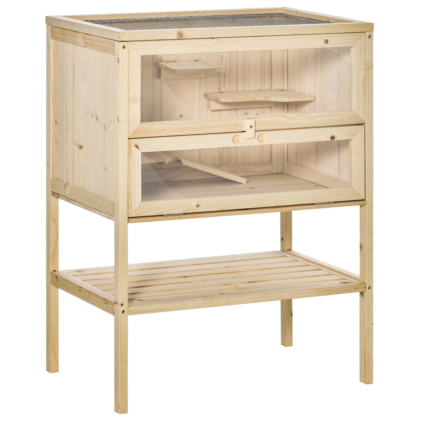 Wooden Hamster Cage with Storage Shelf, Small Animal Exercise Play House with Openable Top, for Hamsters, Gerbils, 60 x 40 x 80 cm - Natural