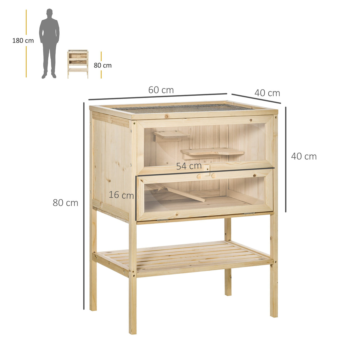 Wooden Hamster Cage with Storage Shelf, Small Animal Exercise Play House with Openable Top, for Hamsters, Gerbils, 60 x 40 x 80 cm - Natural