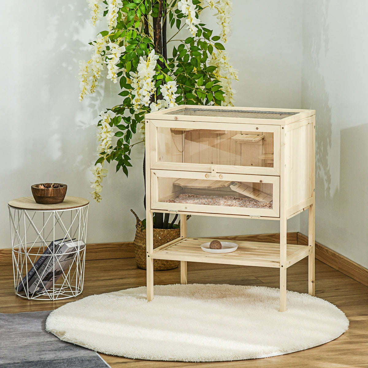 Wooden Hamster Cage with Storage Shelf, Small Animal Exercise Play House with Openable Top, for Hamsters, Gerbils, 60 x 40 x 80 cm - Natural
