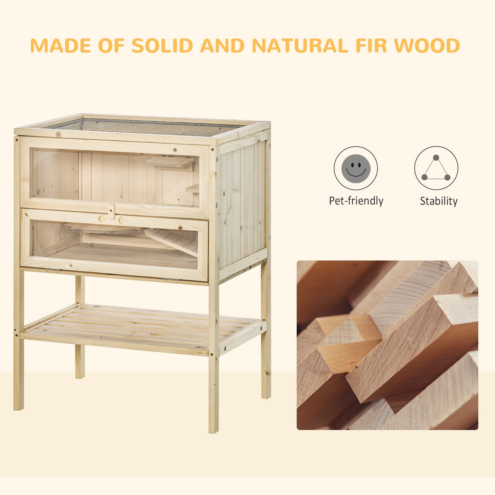Wooden Hamster Cage with Storage Shelf, Small Animal Exercise Play House with Openable Top, for Hamsters, Gerbils, 60 x 40 x 80 cm - Natural