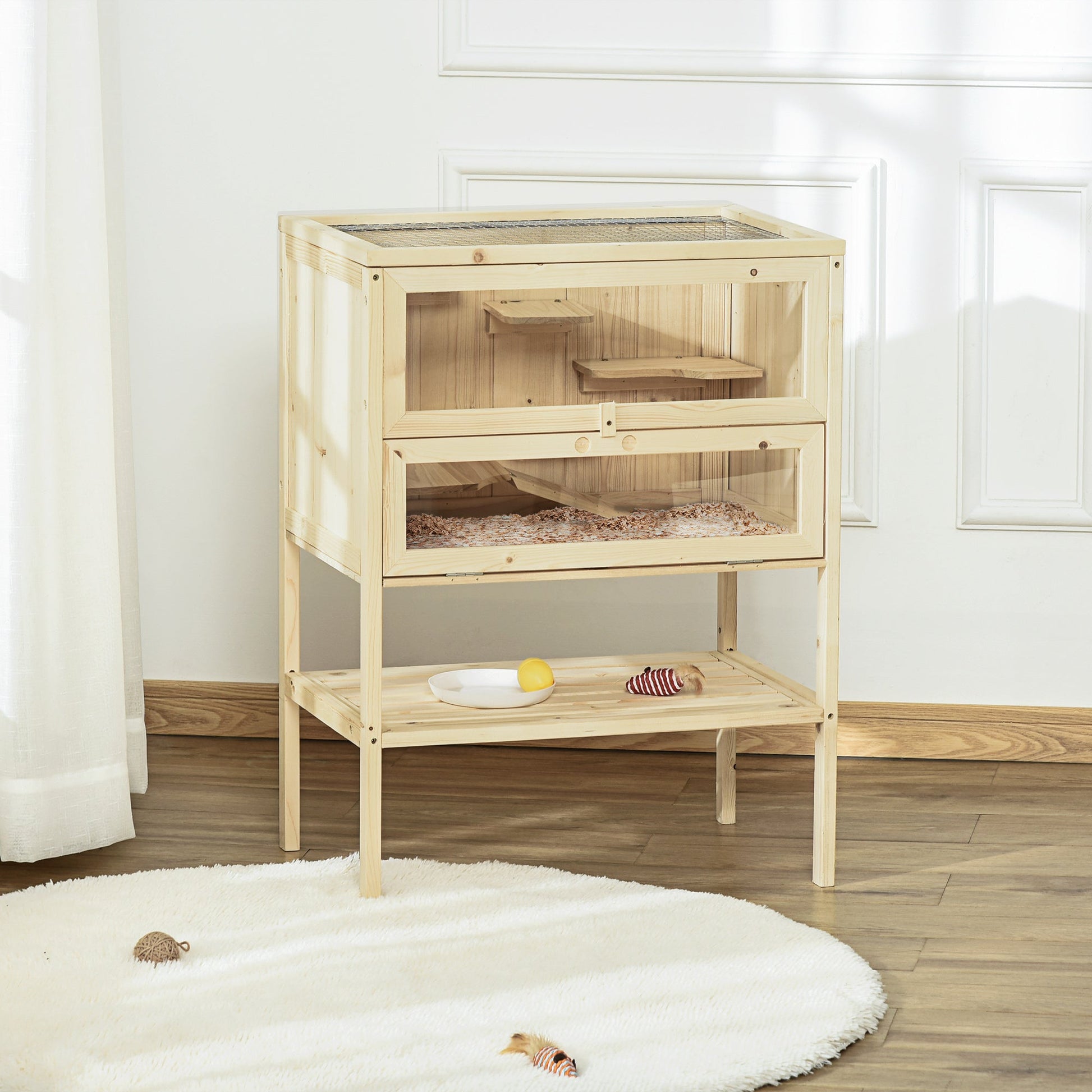 Wooden Hamster Cage with Storage Shelf, Small Animal Exercise Play House with Openable Top, for Hamsters, Gerbils, 60 x 40 x 80 cm - Natural