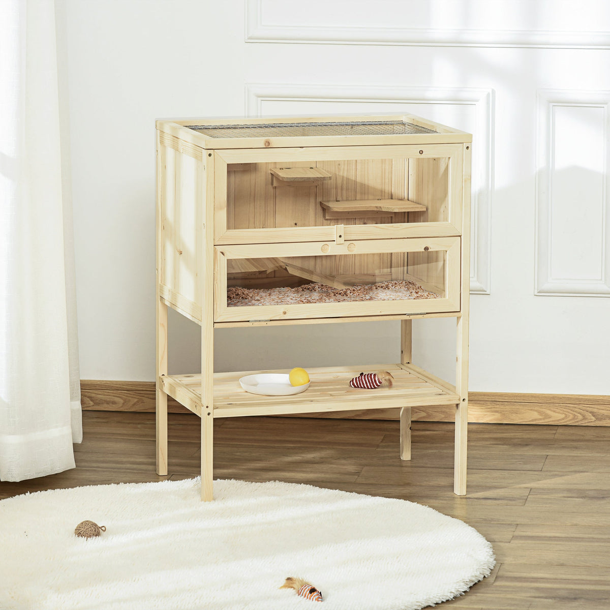 Wooden Hamster Cage with Storage Shelf, Small Animal Exercise Play House with Openable Top, for Hamsters, Gerbils, 60 x 40 x 80 cm - Natural
