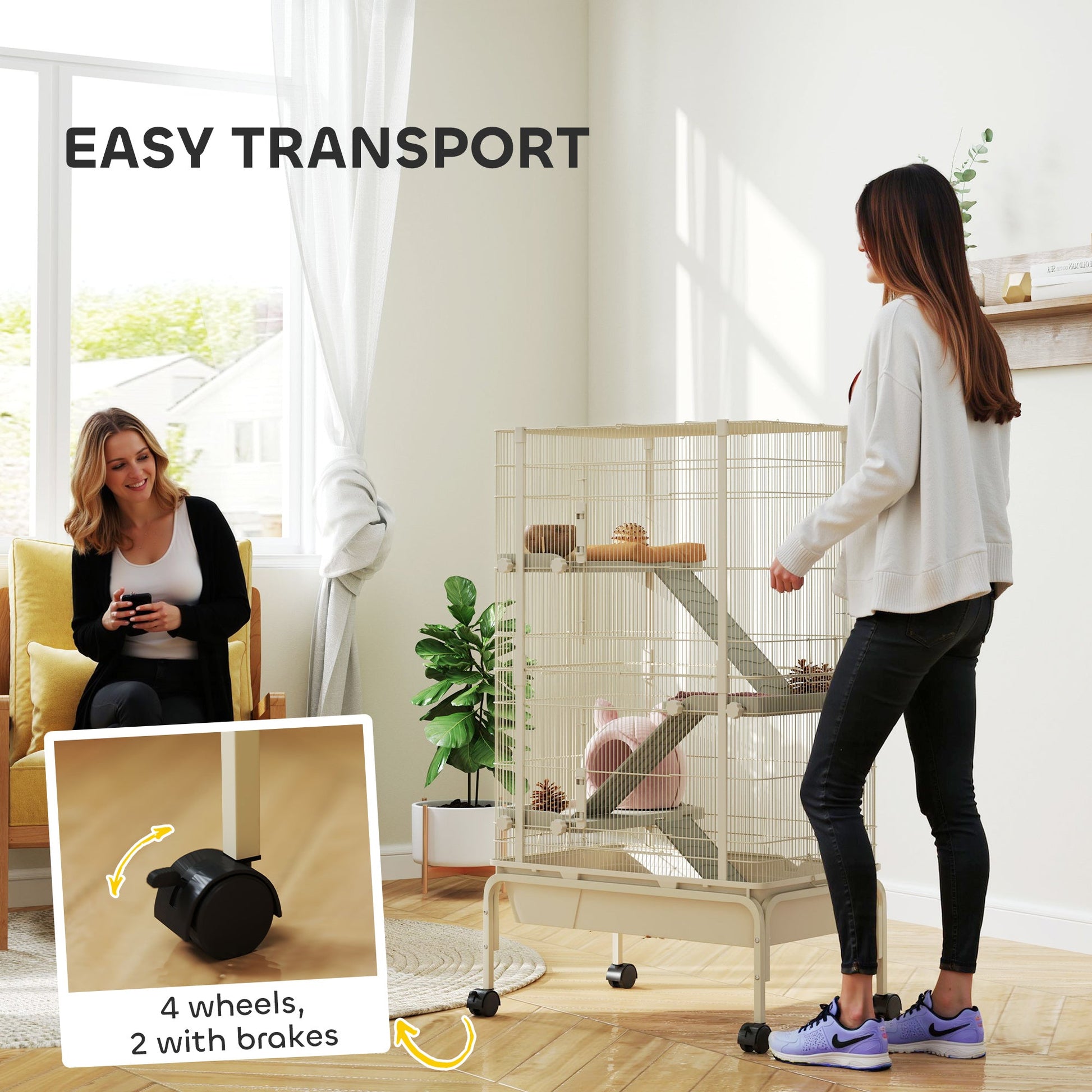 Rolling Rabbit Cage, 4 Level Rolling Rat Cage with 3 Ramps, Water Bottle, Food Dish, 15cm Deep Tray for Easy Cleaning, Small Pet Cage for Ferrets, Chinchillas, Squirrel, Syrian, Beige