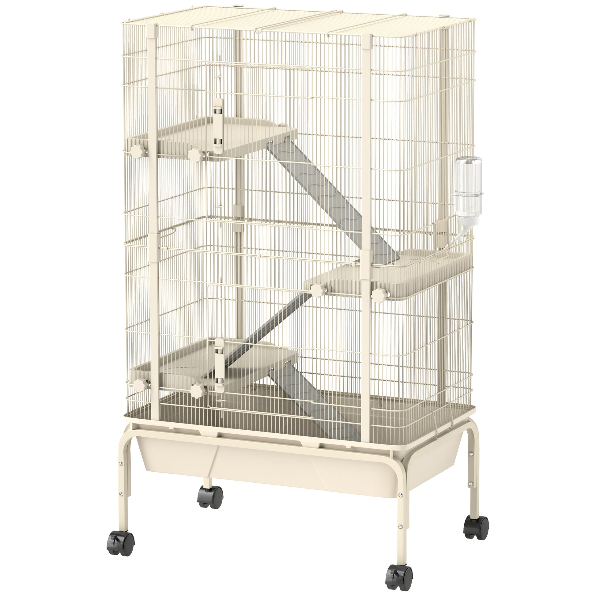 Rolling Rabbit Cage, 4 Level Rolling Rat Cage with 3 Ramps, Water Bottle, Food Dish, 15cm Deep Tray for Easy Cleaning, Small Pet Cage for Ferrets, Chinchillas, Squirrel, Syrian, Beige