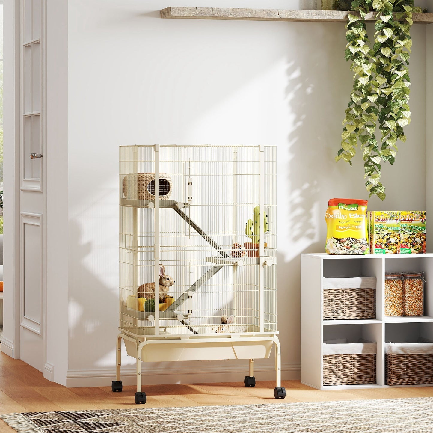 Rolling Rabbit Cage, 4 Level Rolling Rat Cage with 3 Ramps, Water Bottle, Food Dish, 15cm Deep Tray for Easy Cleaning, Small Pet Cage for Ferrets, Chinchillas, Squirrel, Syrian, Beige