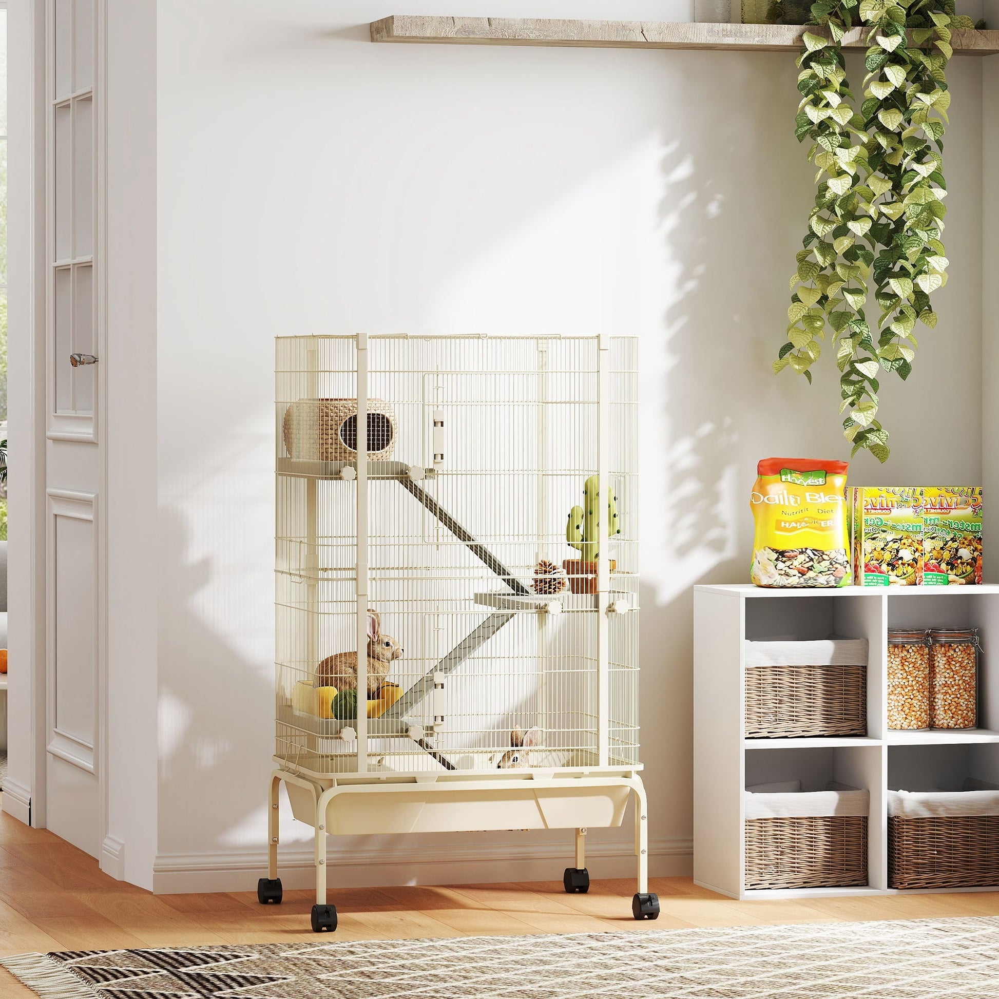 Rolling Rabbit Cage, 4 Level Rolling Rat Cage with 3 Ramps, Water Bottle, Food Dish, 15cm Deep Tray for Easy Cleaning, Small Pet Cage for Ferrets, Chinchillas, Squirrel, Syrian, Beige