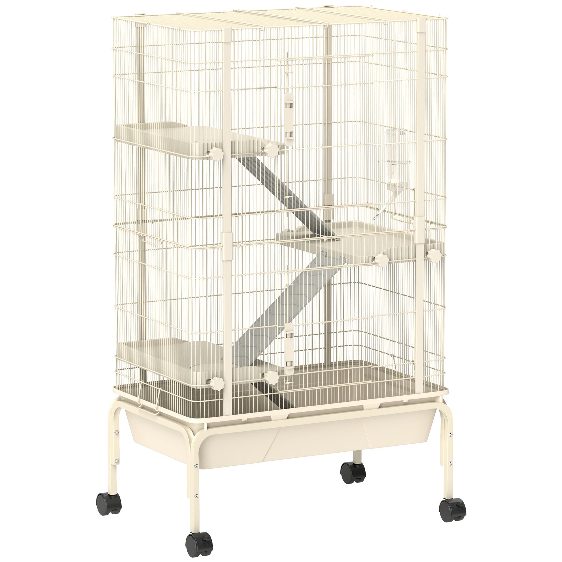 Rolling Rabbit Cage, 4 Level Rolling Rat Cage with 3 Ramps, Water Bottle, Food Dish, 15cm Deep Tray for Easy Cleaning, Small Pet Cage for Ferrets, Chinchillas, Squirrel, Syrian, Beige