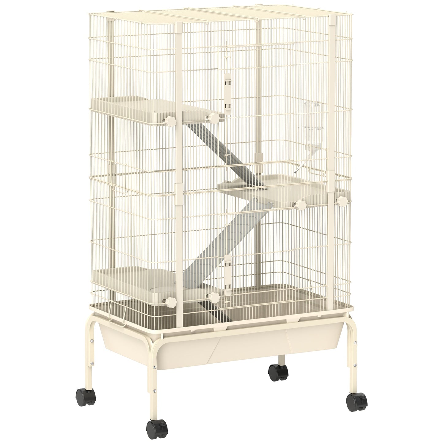 Rolling Rabbit Cage, 4 Level Rolling Rat Cage with 3 Ramps, Water Bottle, Food Dish, 15cm Deep Tray for Easy Cleaning, Small Pet Cage for Ferrets, Chinchillas, Squirrel, Syrian, Beige