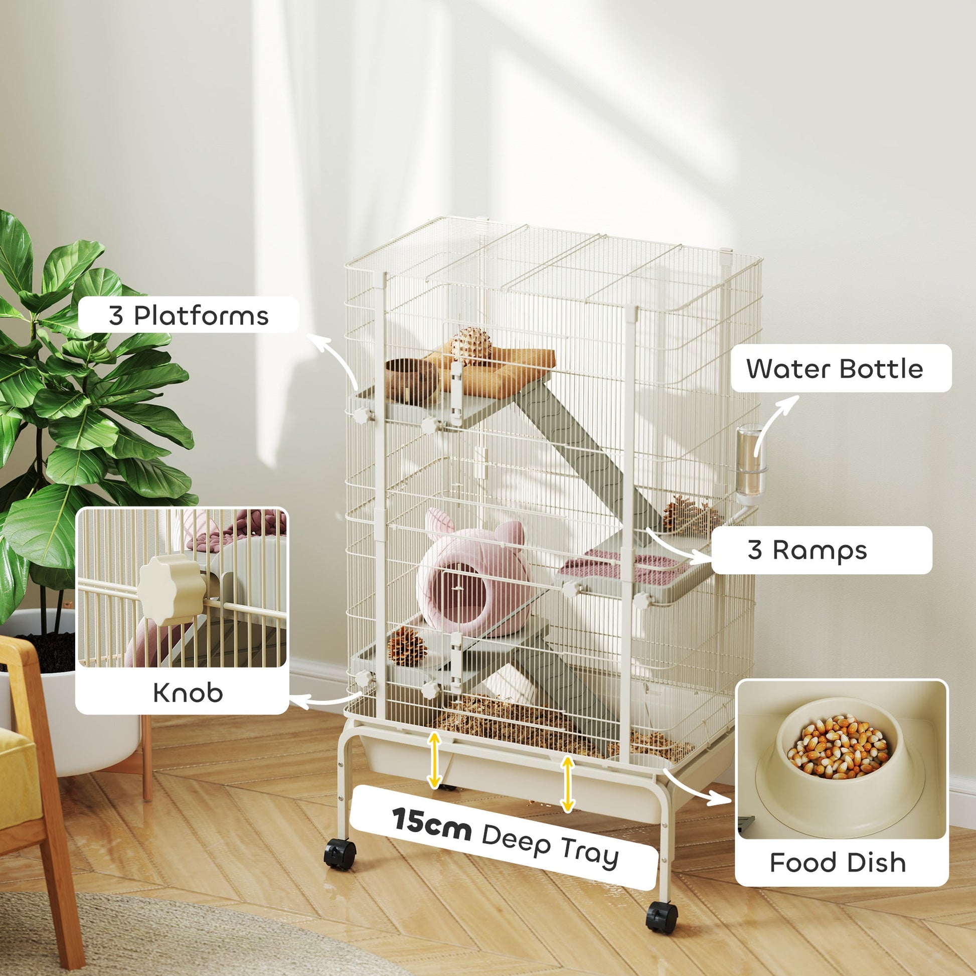 Rolling Rabbit Cage, 4 Level Rolling Rat Cage with 3 Ramps, Water Bottle, Food Dish, 15cm Deep Tray for Easy Cleaning, Small Pet Cage for Ferrets, Chinchillas, Squirrel, Syrian, Beige