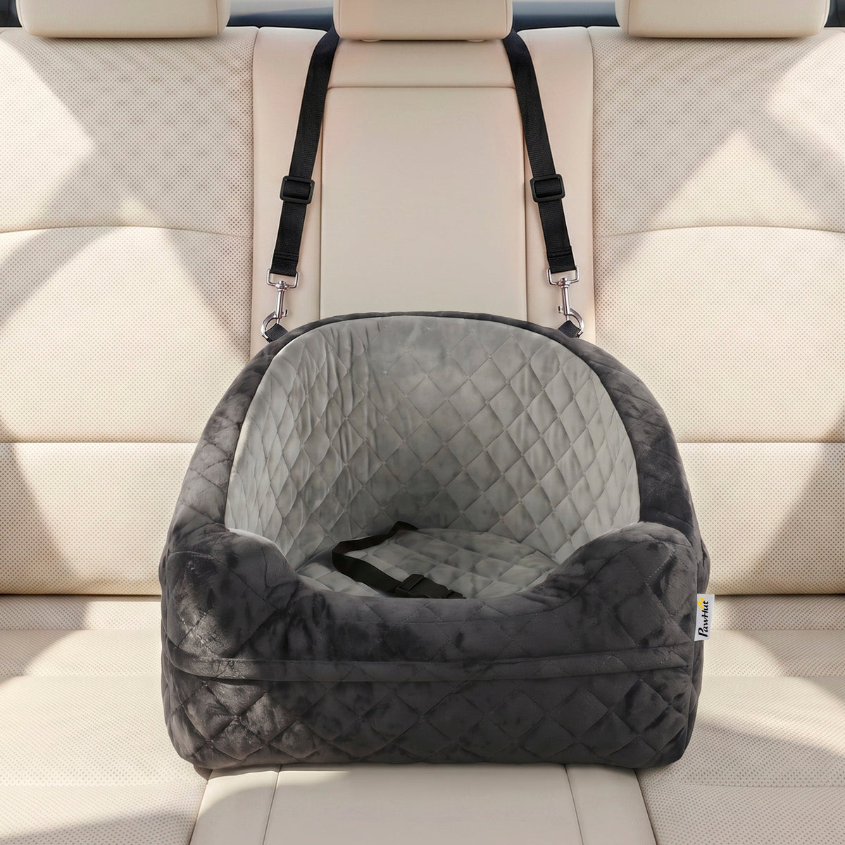 Dog Car Seat for Small Breeds Under 10kg, Dog Booster Seat Detachable Washable with Seat Belt, Thick Cushion, Portable Pet Travel Bed with Storage Pockets, Grey