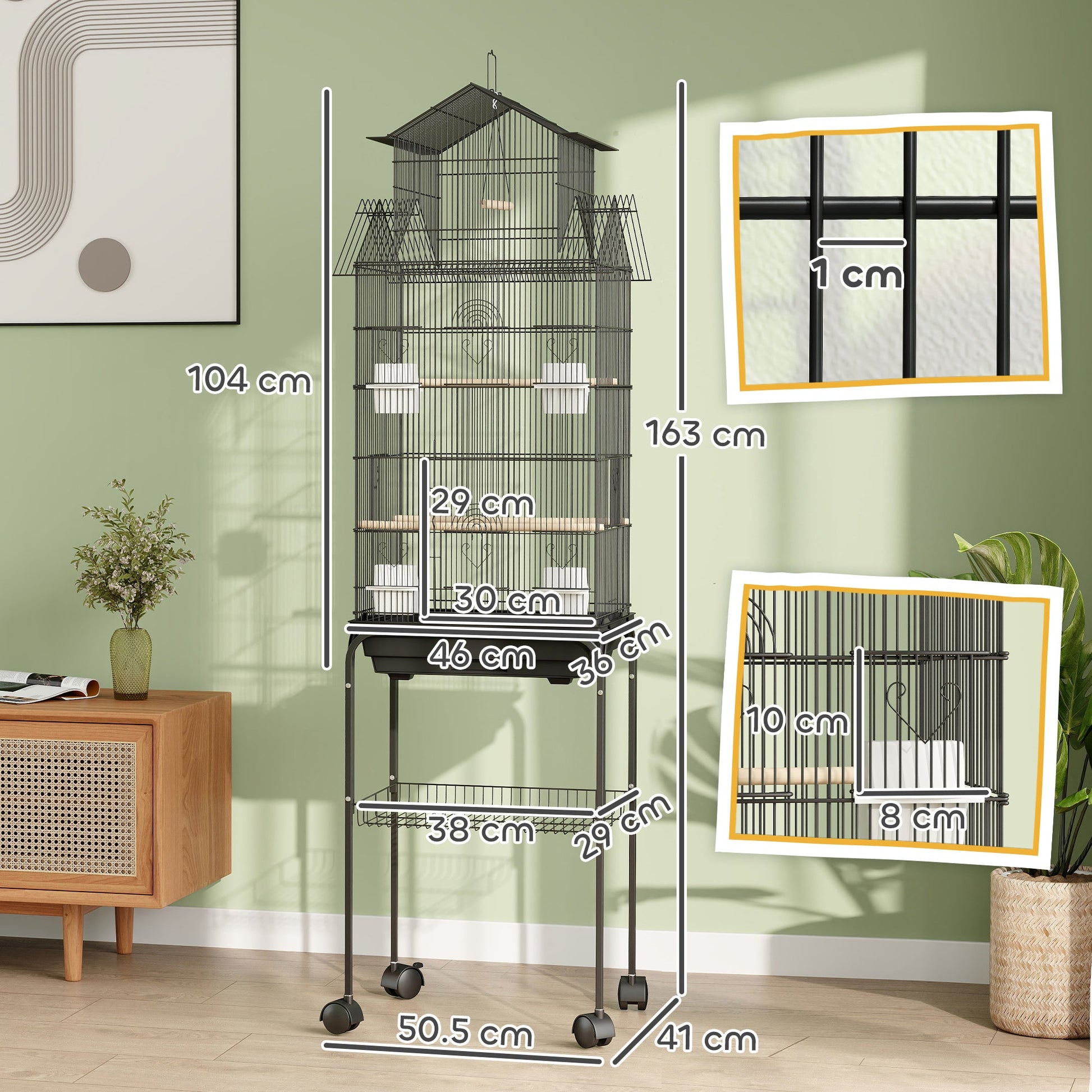 Bird Cage Budgie Cage with Stand Slide Tray Handle for Finch Canary 43 x 32.5 x 163cm Black