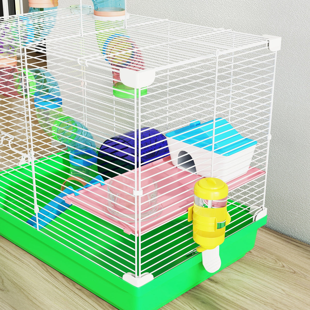2 Tier Hamster Cage, Gerbil Cage with Handle, Exercise Wheels, Tunnel, Water Bottle, Dishes, Ladder, for Dwarf Hamster, Green