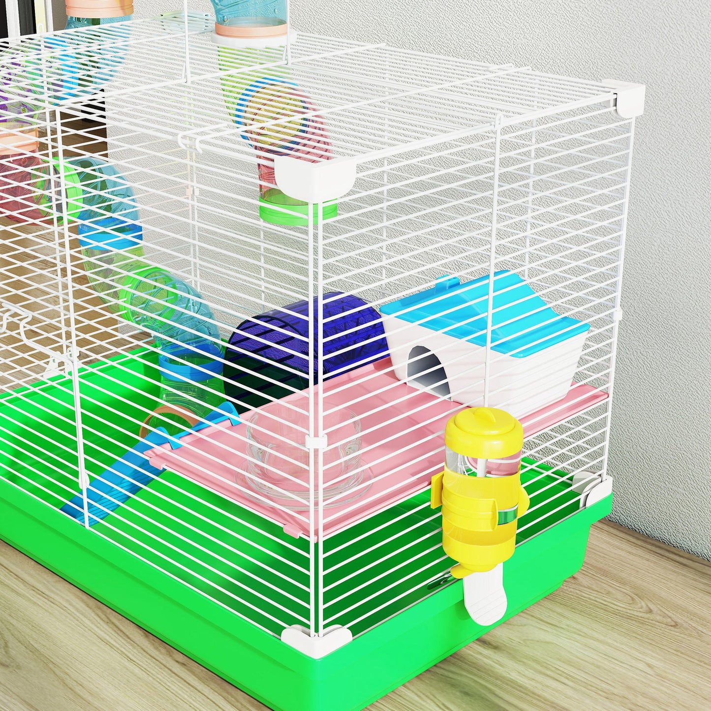 2 Tier Hamster Cage, Gerbil Cage with Handle, Exercise Wheels, Tunnel, Water Bottle, Dishes, Ladder, for Dwarf Hamster, Green