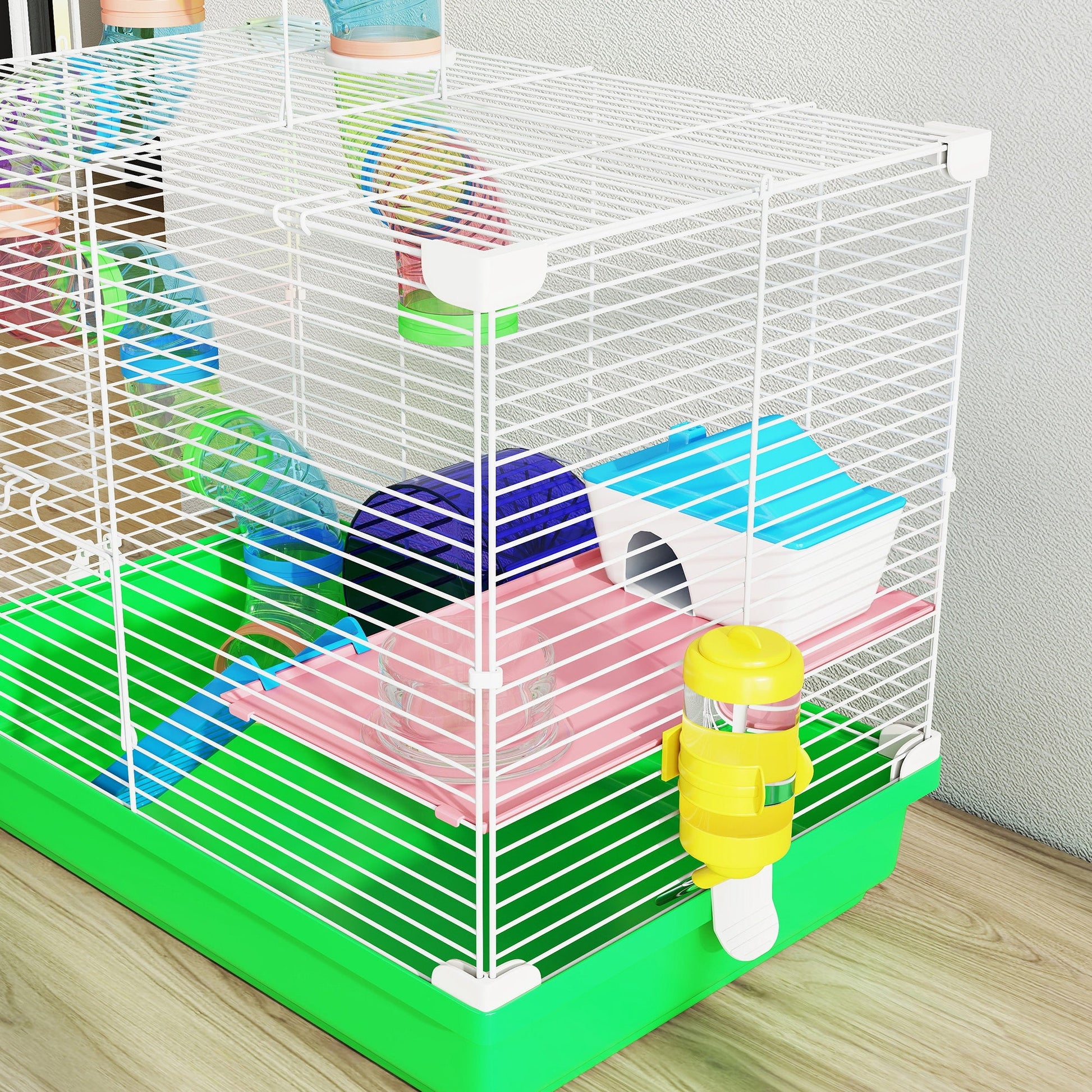 2 Tier Hamster Cage, Gerbil Cage with Handle, Exercise Wheels, Tunnel, Water Bottle, Dishes, Ladder, for Dwarf Hamster, Green