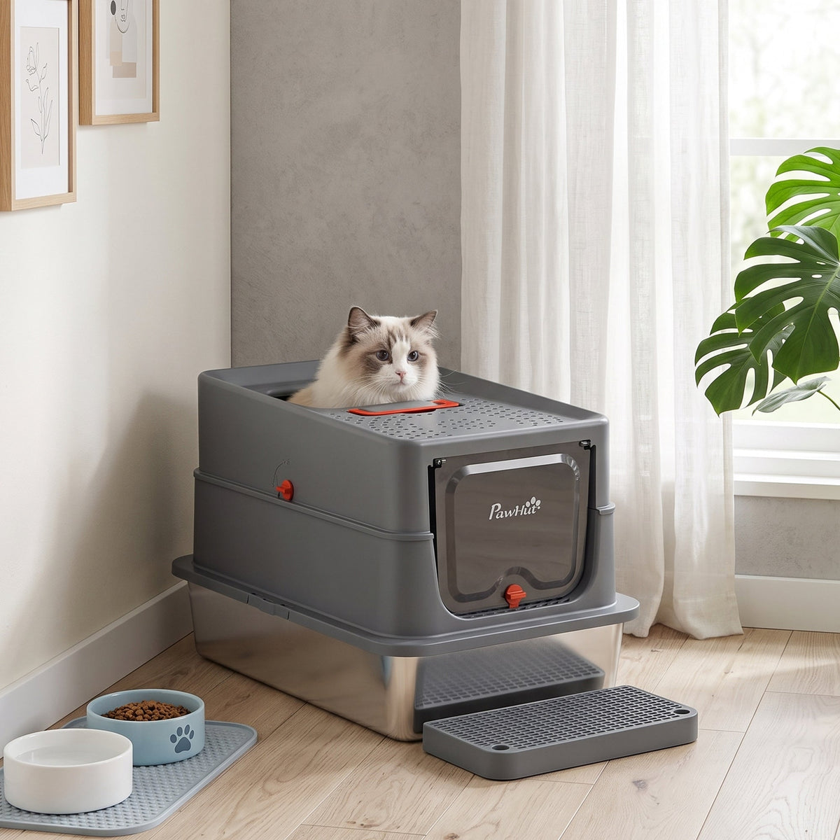 Stainless Steel Cat Litter Tray with Lid, XL 90L Enclosed Cat Litter Box with Step, Scoop, High Side, Front and Top Dual Entry, Easy to Clean, 60 x 40 x 40 cm, Dark Grey
