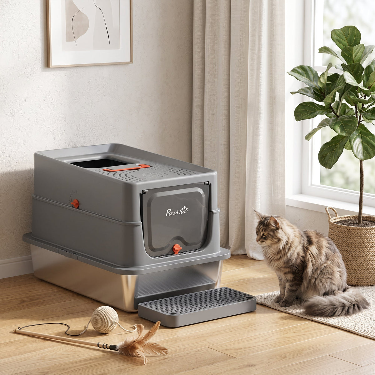 Stainless Steel Cat Litter Tray with Lid, XL 90L Enclosed Cat Litter Box with Step, Scoop, High Side, Front and Top Dual Entry, Easy to Clean, 60 x 40 x 40 cm, Dark Grey