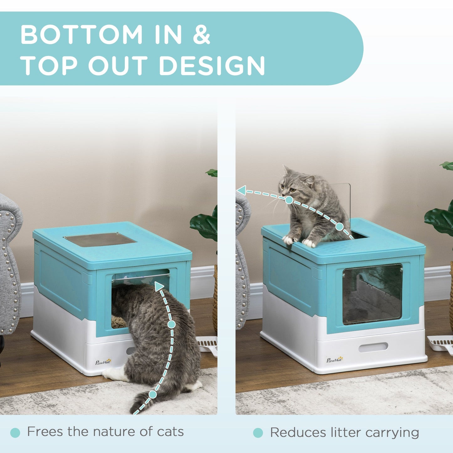 Cat Litter Tray with Hood Enclosed Cat Litter Box Pet Toilet w/ Lid, Scoop, Front Entry, 47.5 x 35.5 x 36.7cm - Light Blue