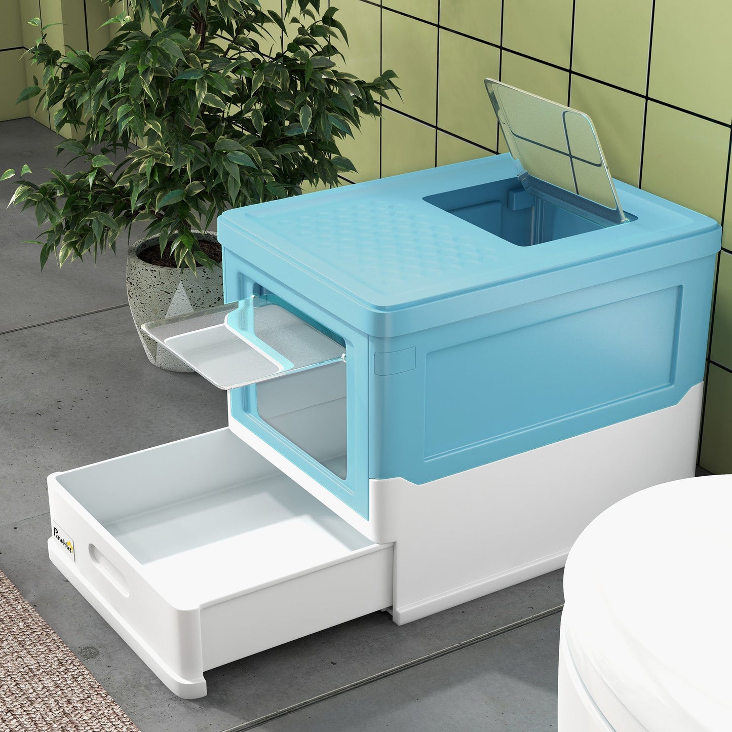 Cat Litter Tray with Hood Enclosed Cat Litter Box Pet Toilet w/ Lid, Scoop, Front Entry, 47.5 x 35.5 x 36.7cm - Light Blue