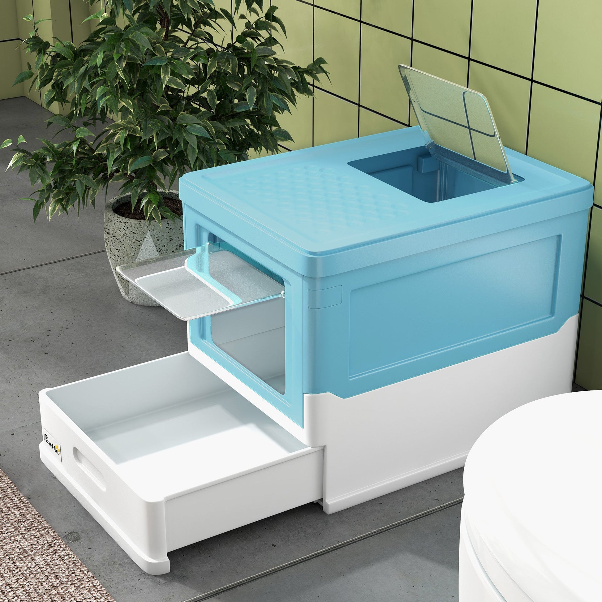 Cat Litter Tray with Hood Enclosed Cat Litter Box Pet Toilet w/ Lid, Scoop, Front Entry, 47.5 x 35.5 x 36.7cm - Light Blue
