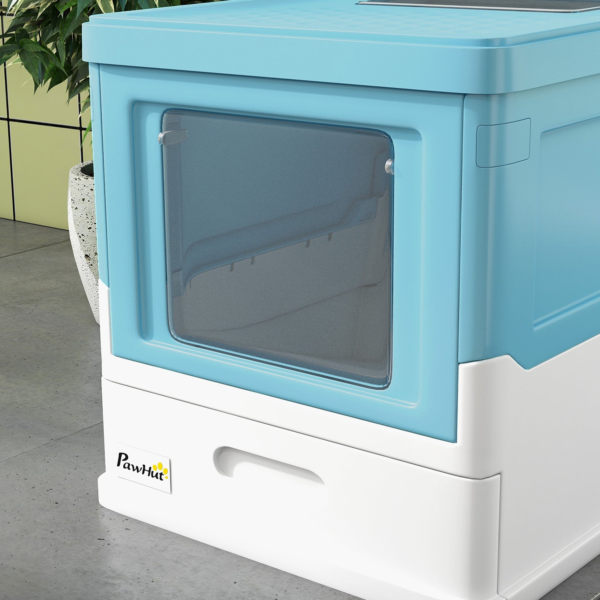 Cat Litter Tray with Hood Enclosed Cat Litter Box Pet Toilet w/ Lid, Scoop, Front Entry, 47.5 x 35.5 x 36.7cm - Light Blue