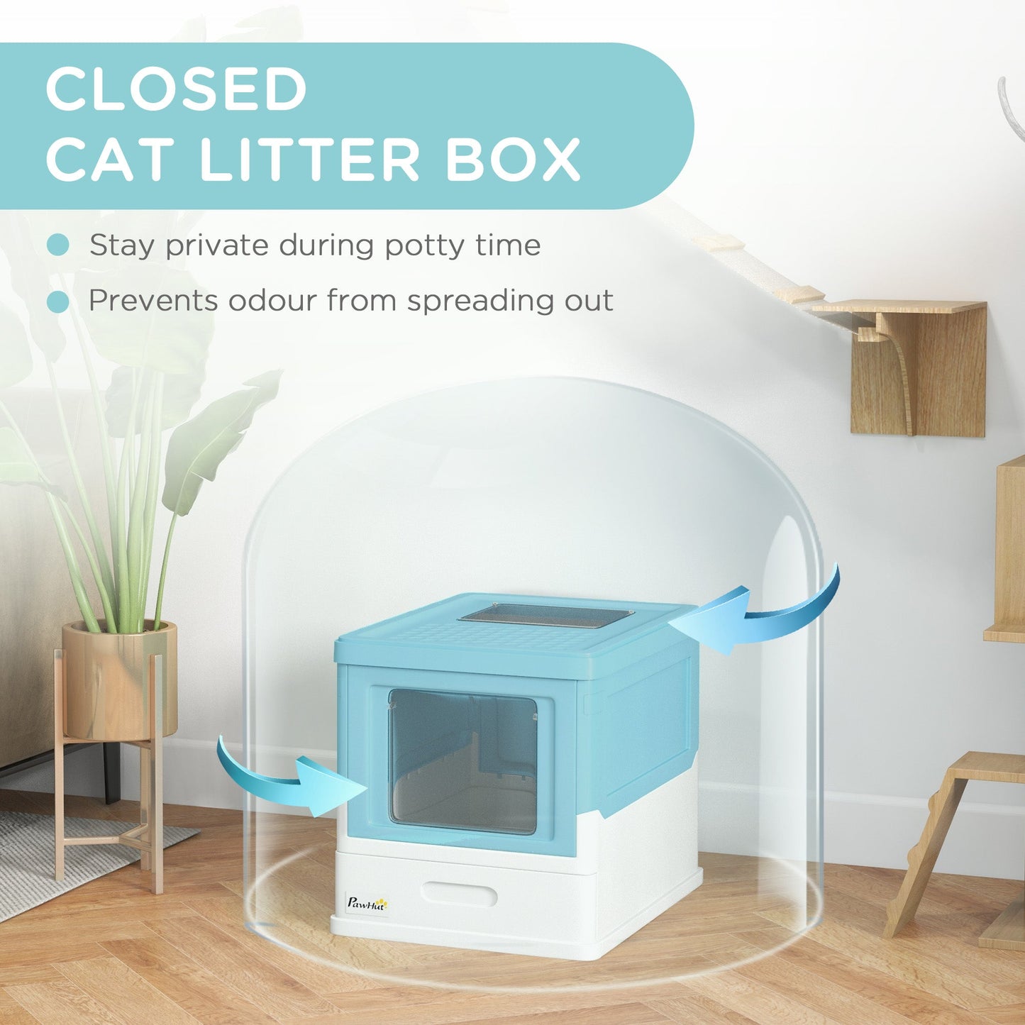 Cat Litter Tray with Hood Enclosed Cat Litter Box Pet Toilet w/ Lid, Scoop, Front Entry, 47.5 x 35.5 x 36.7cm - Light Blue