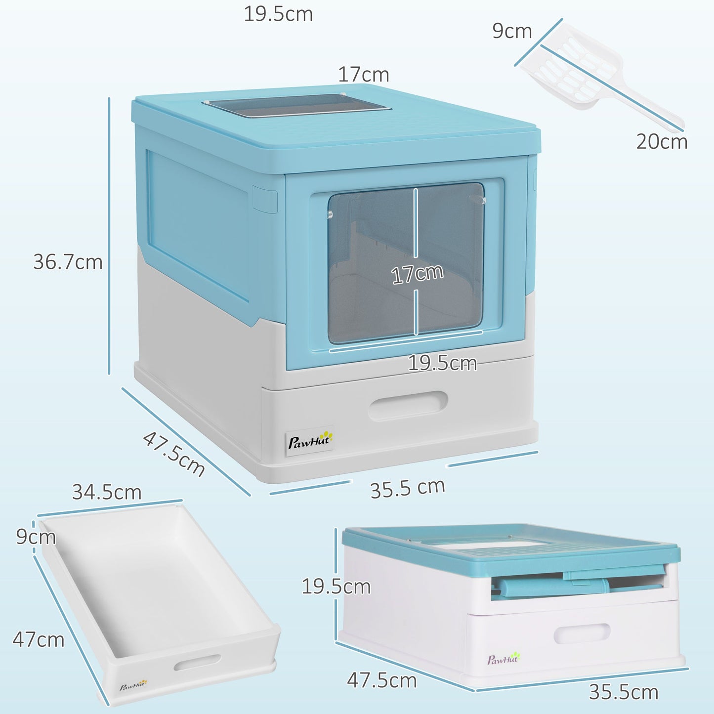 Cat Litter Tray with Hood Enclosed Cat Litter Box Pet Toilet w/ Lid, Scoop, Front Entry, 47.5 x 35.5 x 36.7cm - Light Blue
