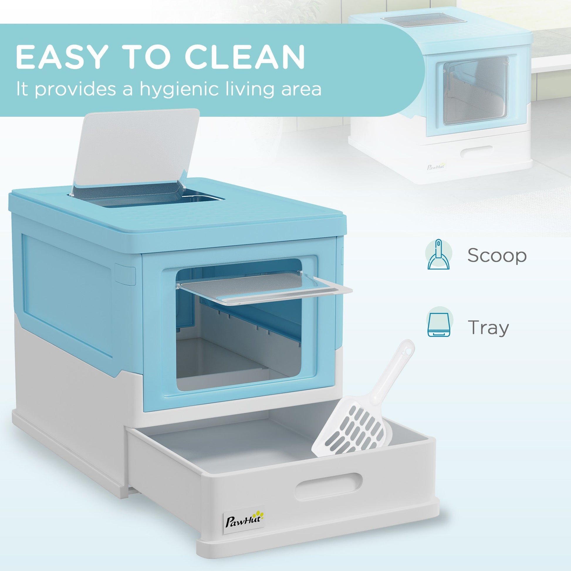 Cat Litter Tray with Hood Enclosed Cat Litter Box Pet Toilet w/ Lid, Scoop, Front Entry, 47.5 x 35.5 x 36.7cm - Light Blue