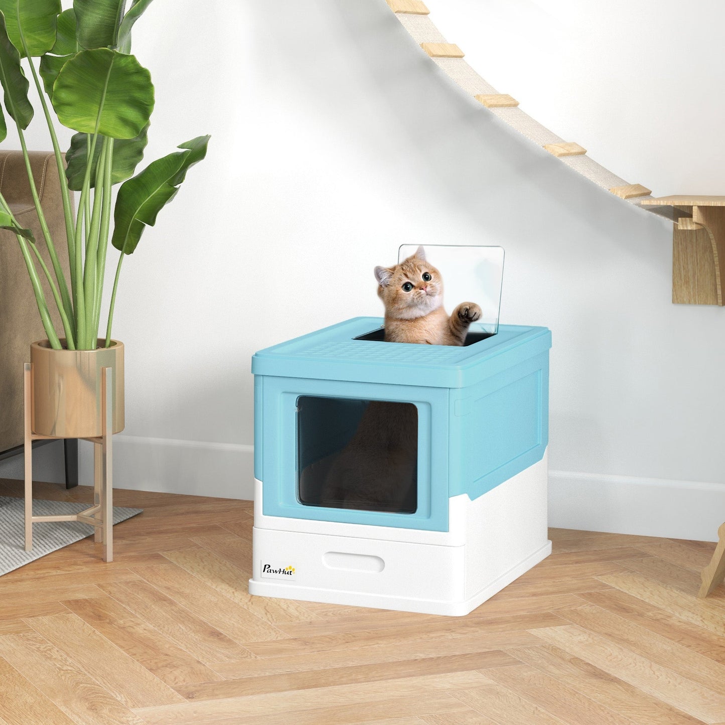 Cat Litter Tray with Hood Enclosed Cat Litter Box Pet Toilet w/ Lid, Scoop, Front Entry, 47.5 x 35.5 x 36.7cm - Light Blue