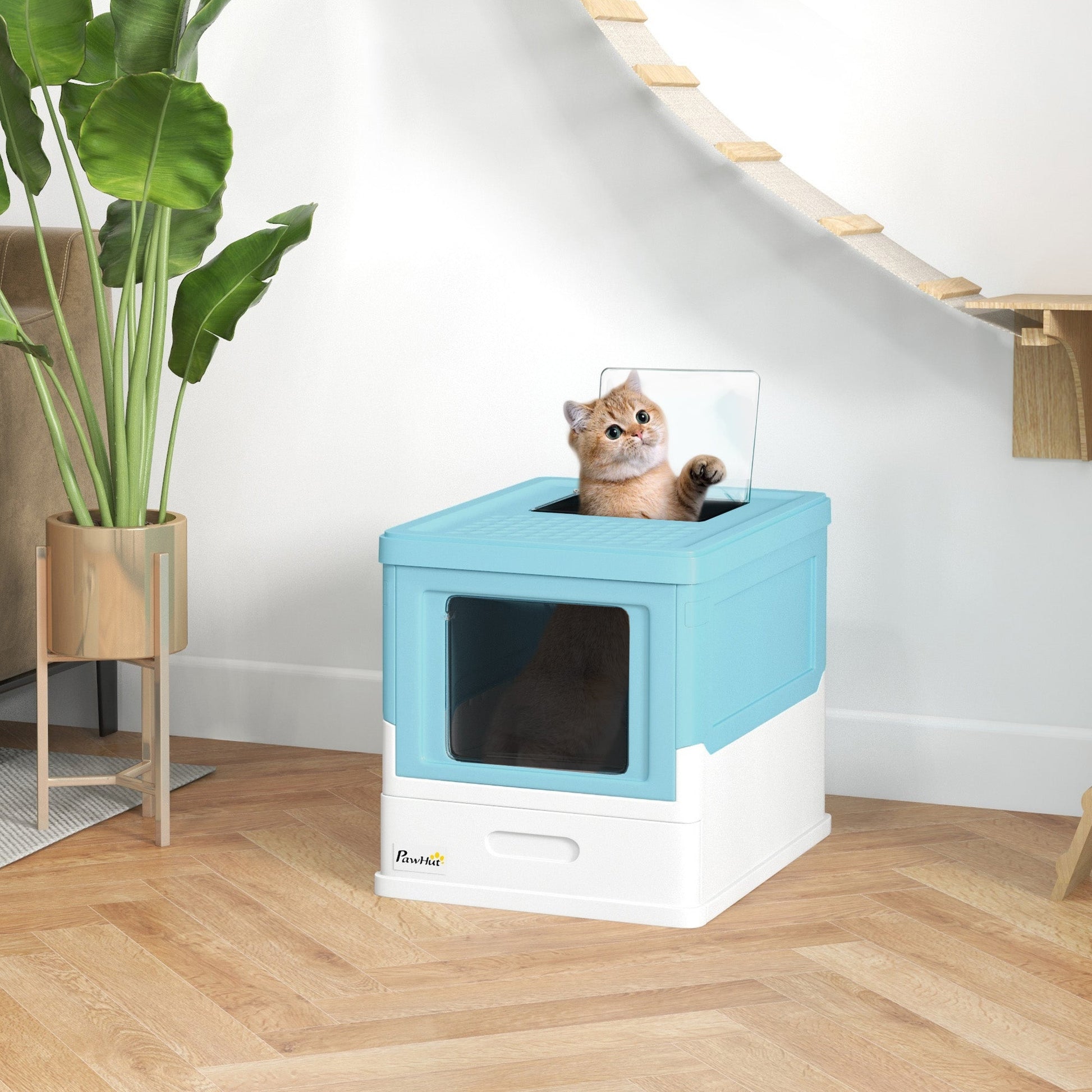 Cat Litter Tray with Hood Enclosed Cat Litter Box Pet Toilet w/ Lid, Scoop, Front Entry, 47.5 x 35.5 x 36.7cm - Light Blue