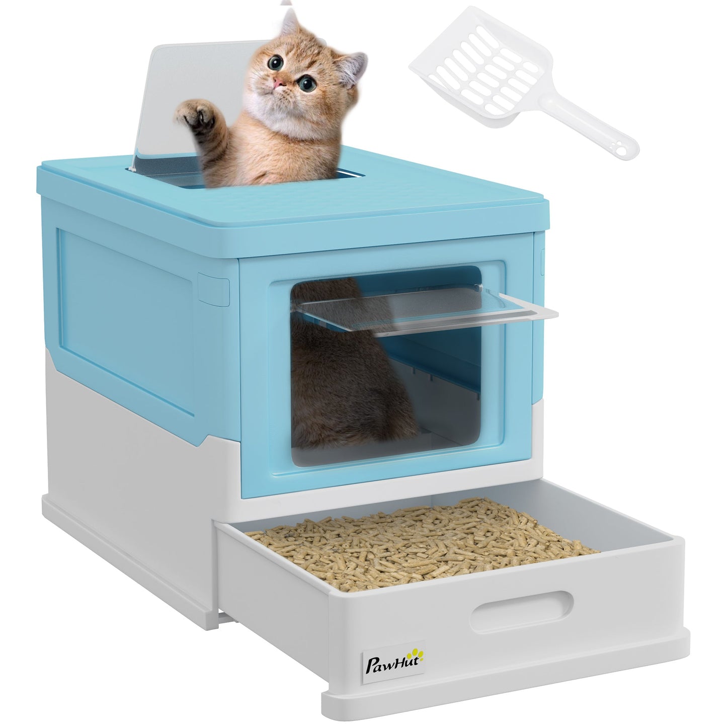 Cat Litter Tray with Hood Enclosed Cat Litter Box Pet Toilet w/ Lid, Scoop, Front Entry, 47.5 x 35.5 x 36.7cm - Light Blue