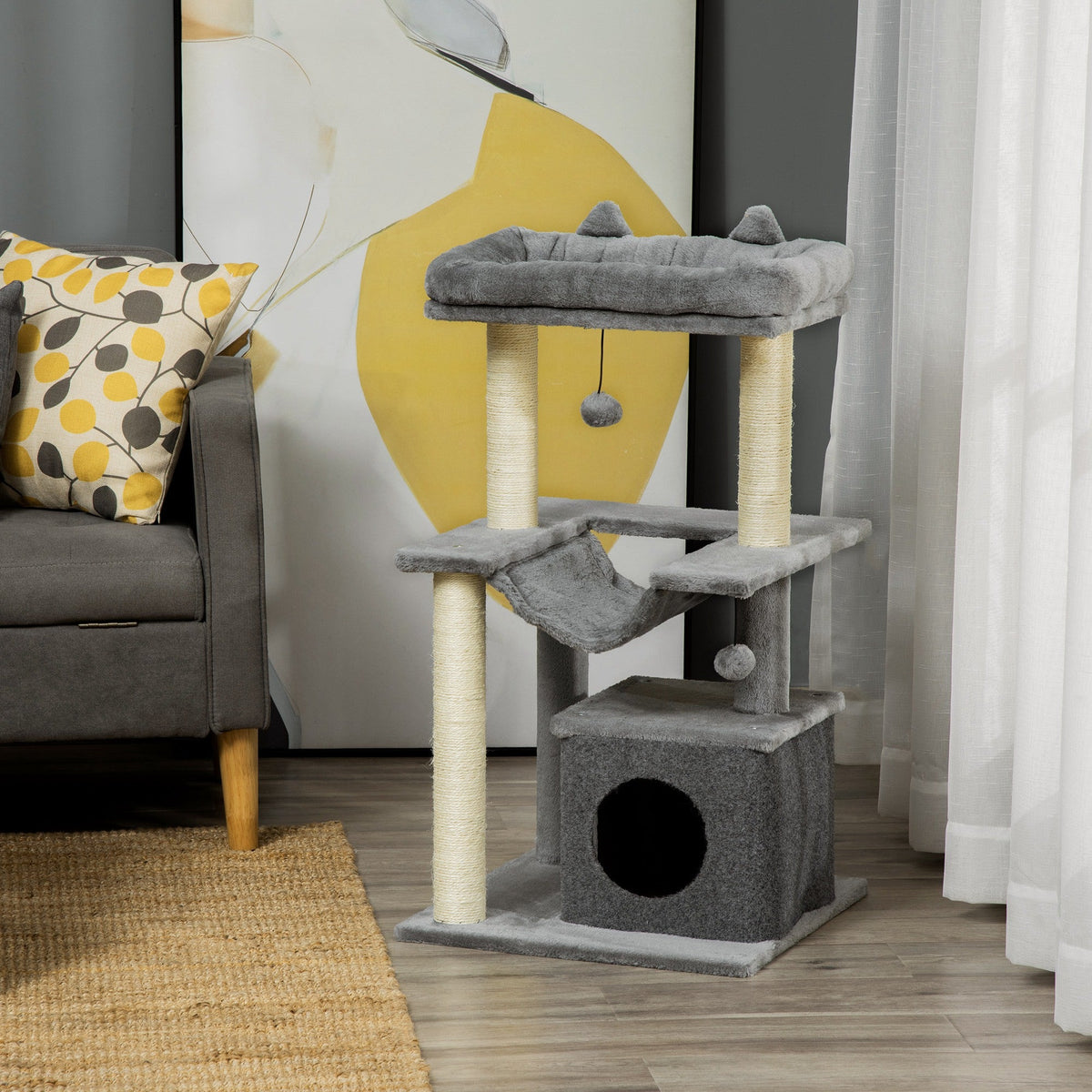 Cat Tree, 90cm Cat Tower with Sisal Scratching Posts, Cat Condo, Hammock, Top Perch and 2 Hanging Toys for Indoor Cats, Grey
