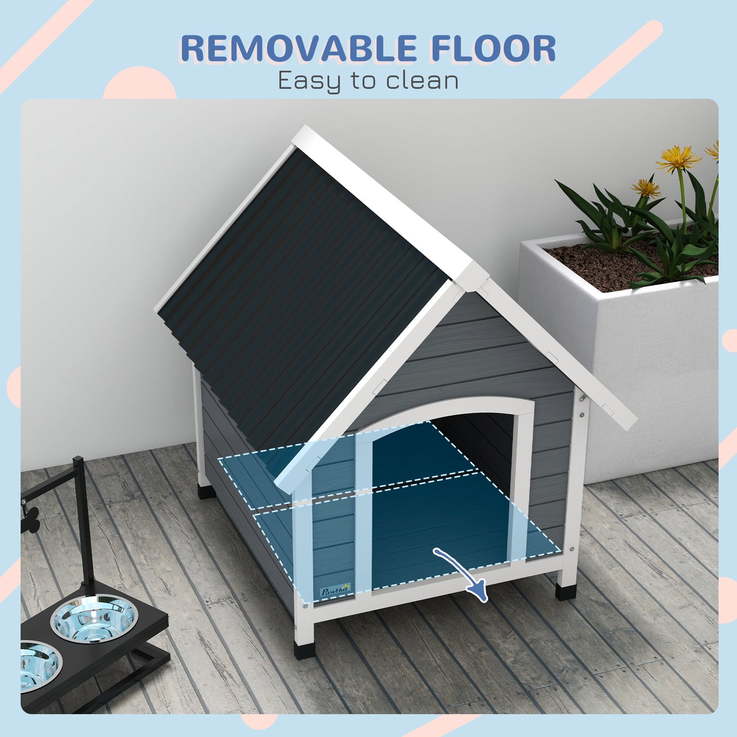 Dog Kennel Outdoor Wooden Dog House with Removable Floor, Elevated Pet Shelter, Anti-Corrosion Wood, for Medium Dogs, 82H x 75W x 88Dcm - Grey