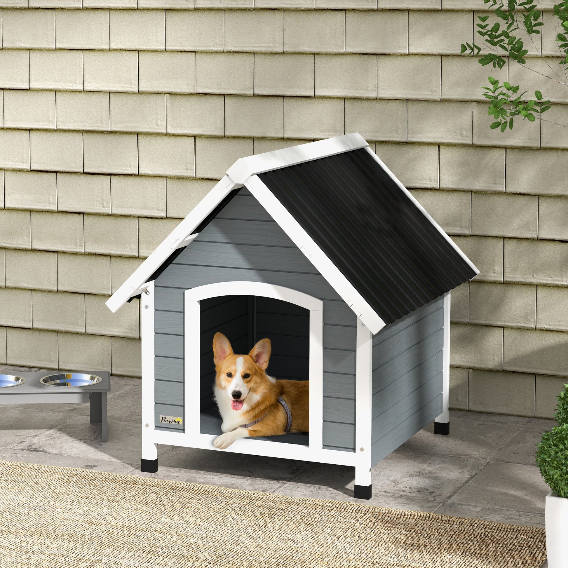 Dog Kennel Outdoor Wooden Dog House with Removable Floor, Elevated Pet Shelter, Anti-Corrosion Wood, for Medium Dogs, 82H x 75W x 88Dcm - Grey