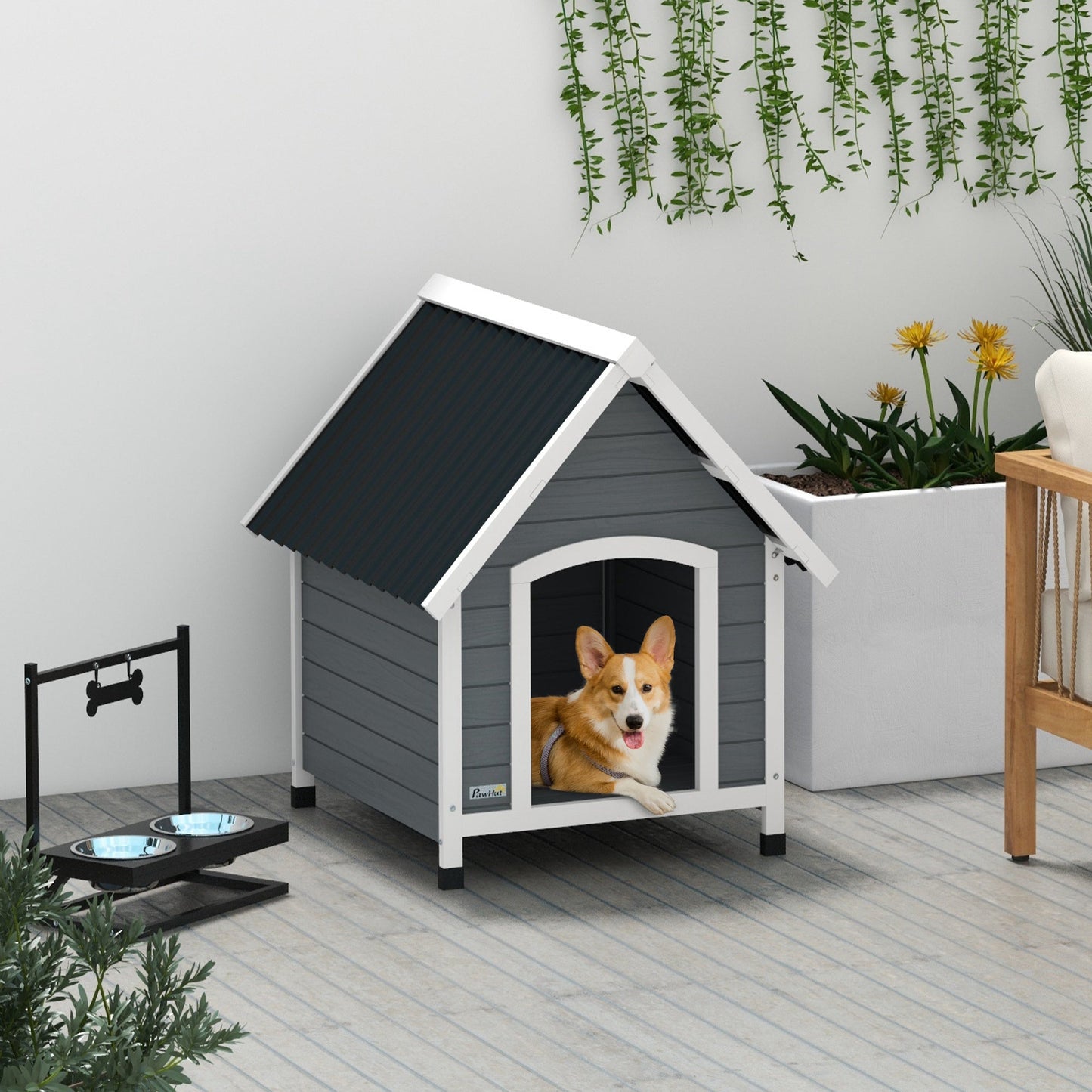 Dog Kennel Outdoor Wooden Dog House with Removable Floor, Elevated Pet Shelter, Anti-Corrosion Wood, for Medium Dogs, 82H x 75W x 88Dcm - Grey