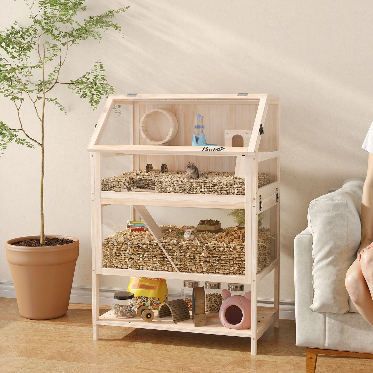 Wooden Hamster Cage, 3 Tier Small Animal Cage with Detachable Lower Floor, Storage Shelf, Hut, Seesaw, Exercise Wheel, Ramps, Hamster Habitat for Dwarf, Gerbil, 80L x 53W x 117H cm, Natural