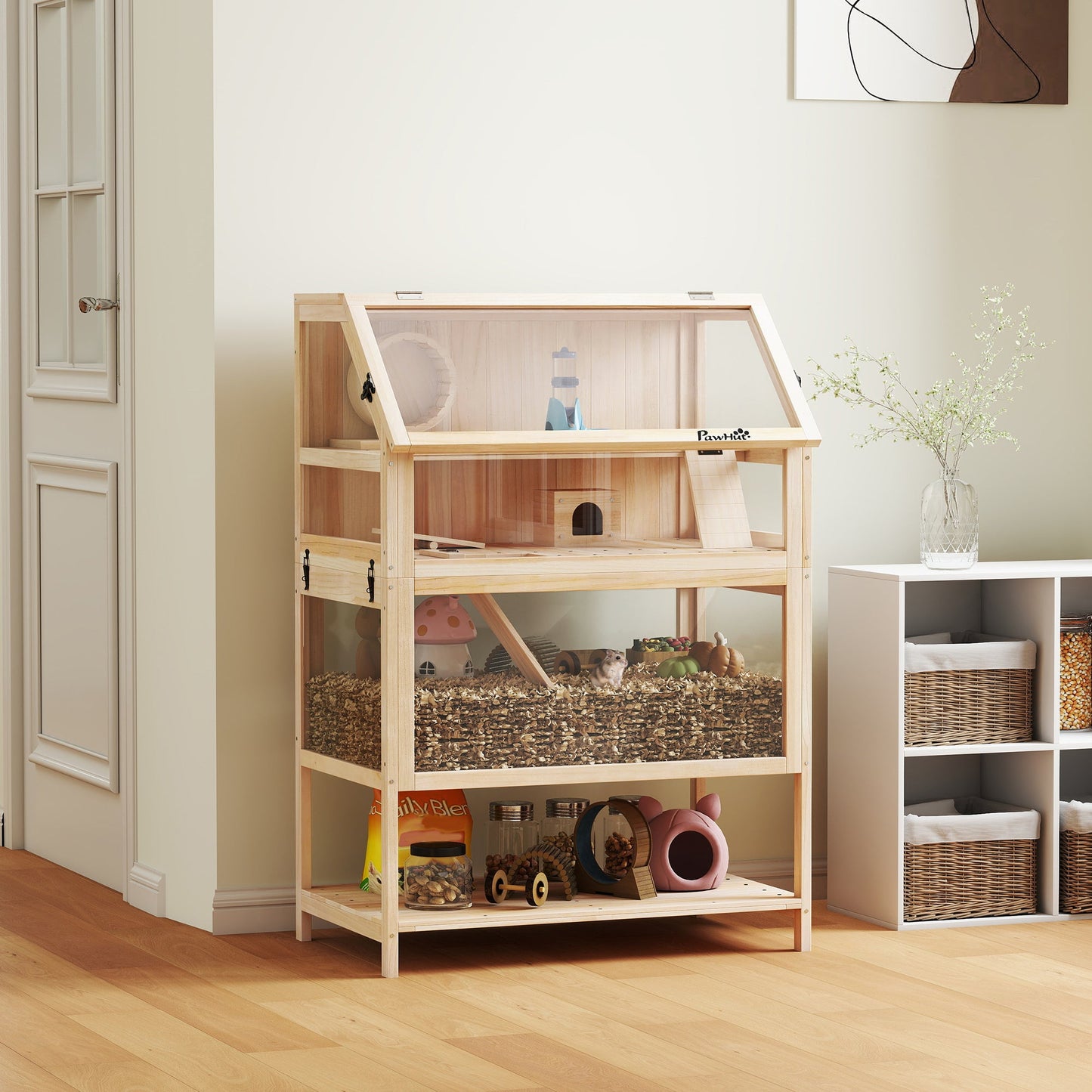 Wooden Hamster Cage, 3 Tier Small Animal Cage with Detachable Lower Floor, Storage Shelf, Hut, Seesaw, Exercise Wheel, Ramps, Hamster Habitat for Dwarf, Gerbil, 80L x 53W x 117H cm, Natural