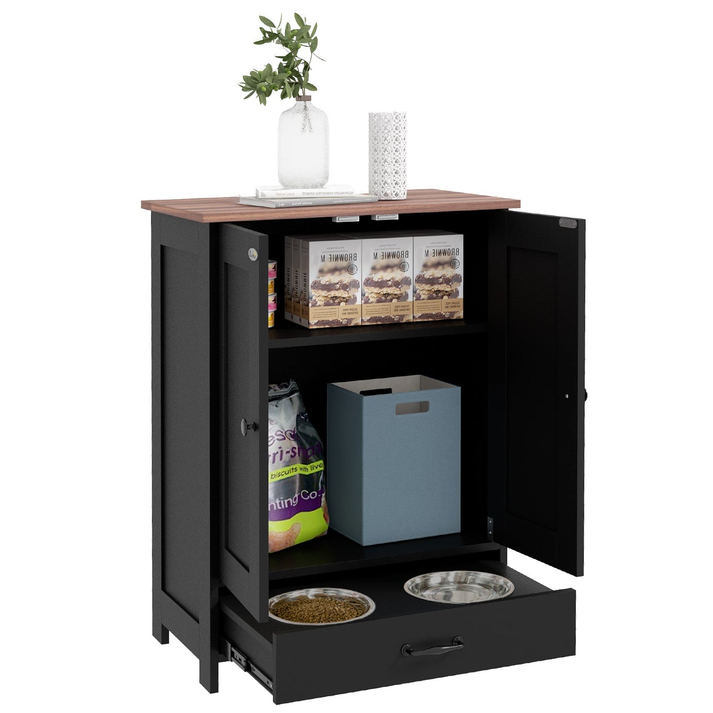 Pet Feeding Station with Storage, Dog Feeding Station with Raised Dog Bowls, Adjustable Panel, Hooks, Pet Food Storage Cabinet, Black