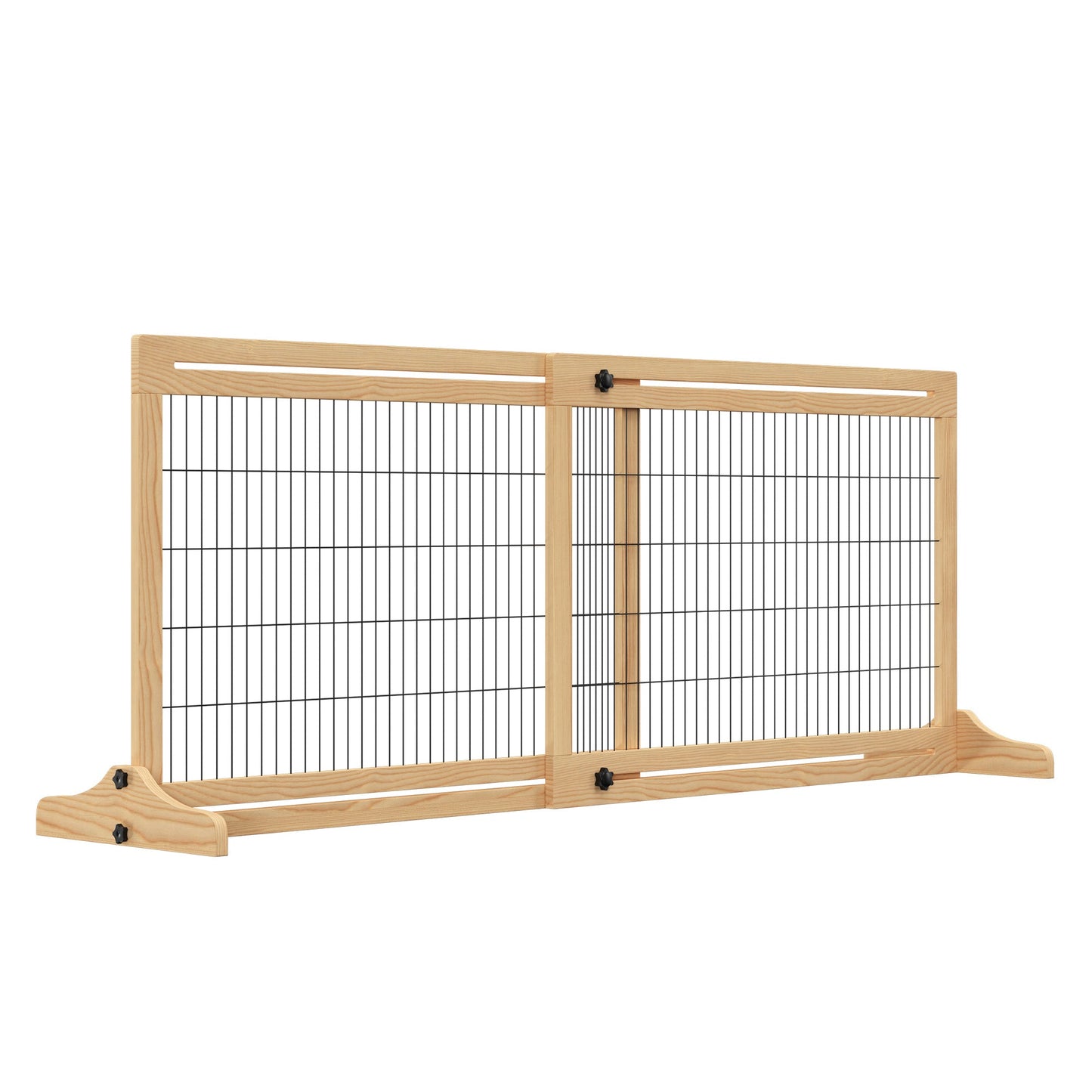 Freestanding Dog Gate, Foldable Pet Fence, Indoor Wood Barrier, Stair Gate with Support Feet, for Doorway, Hallway, Small and Medium Dogs, 69H x 104-183 cm, Natural Wood Finish