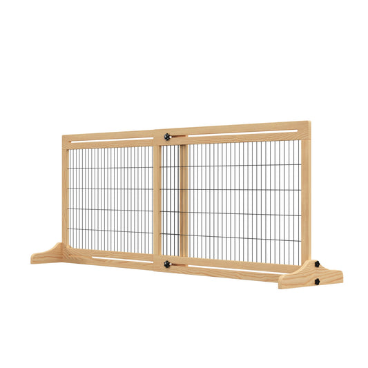 Freestanding Dog Gate, Foldable Pet Fence, Indoor Wood Barrier, Stair Gate with Support Feet, for Doorway, Hallway, Small and Medium Dogs, 69H x 104-183 cm, Natural Wood Finish