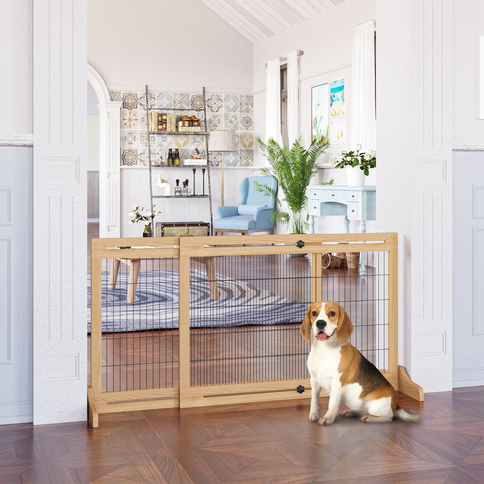 Freestanding Dog Gate, Foldable Pet Fence, Indoor Wood Barrier, Stair Gate with Support Feet, for Doorway, Hallway, Small and Medium Dogs, 69H x 104-183 cm, Natural Wood Finish