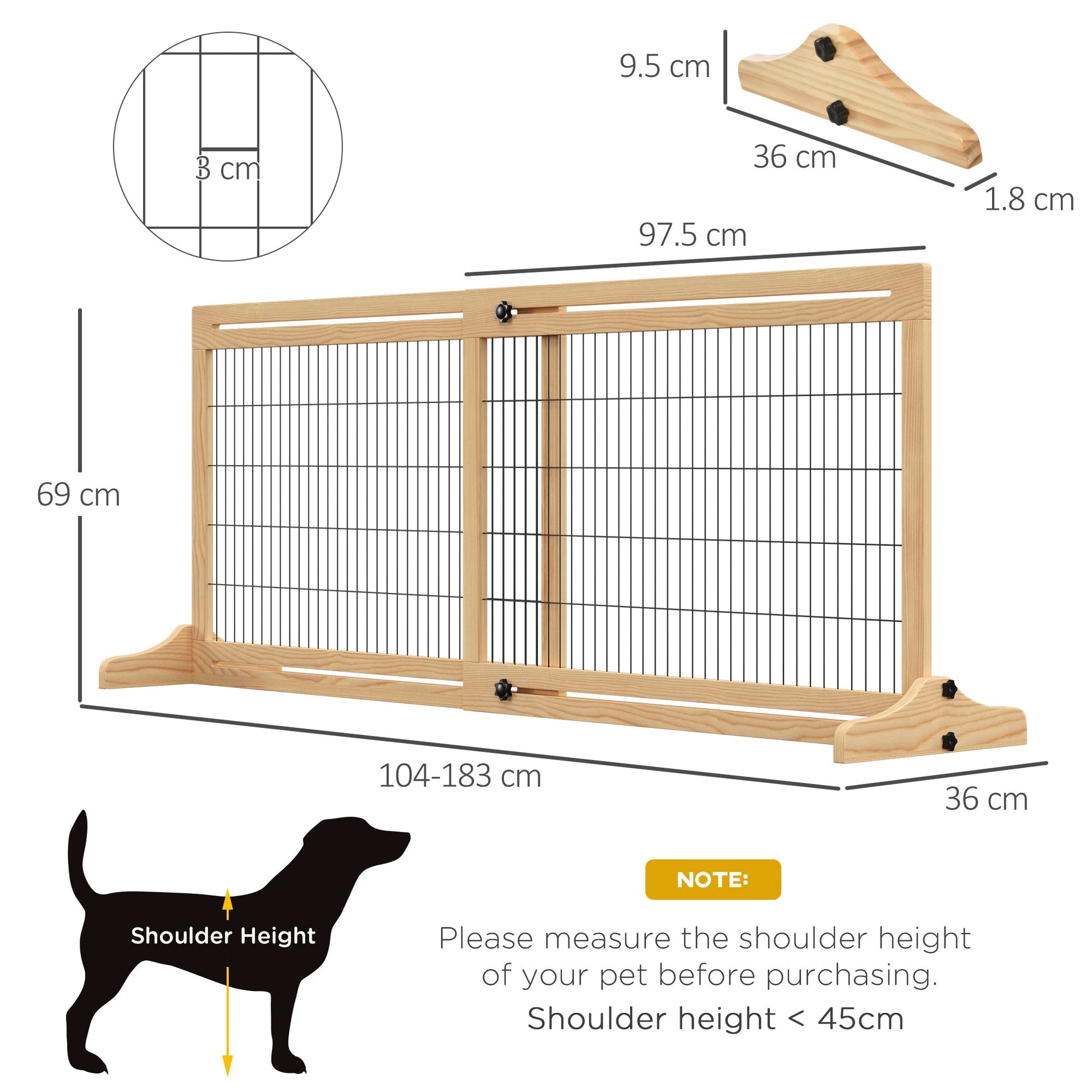Freestanding Dog Gate, Foldable Pet Fence, Indoor Wood Barrier, Stair Gate with Support Feet, for Doorway, Hallway, Small and Medium Dogs, 69H x 104-183 cm, Natural Wood Finish