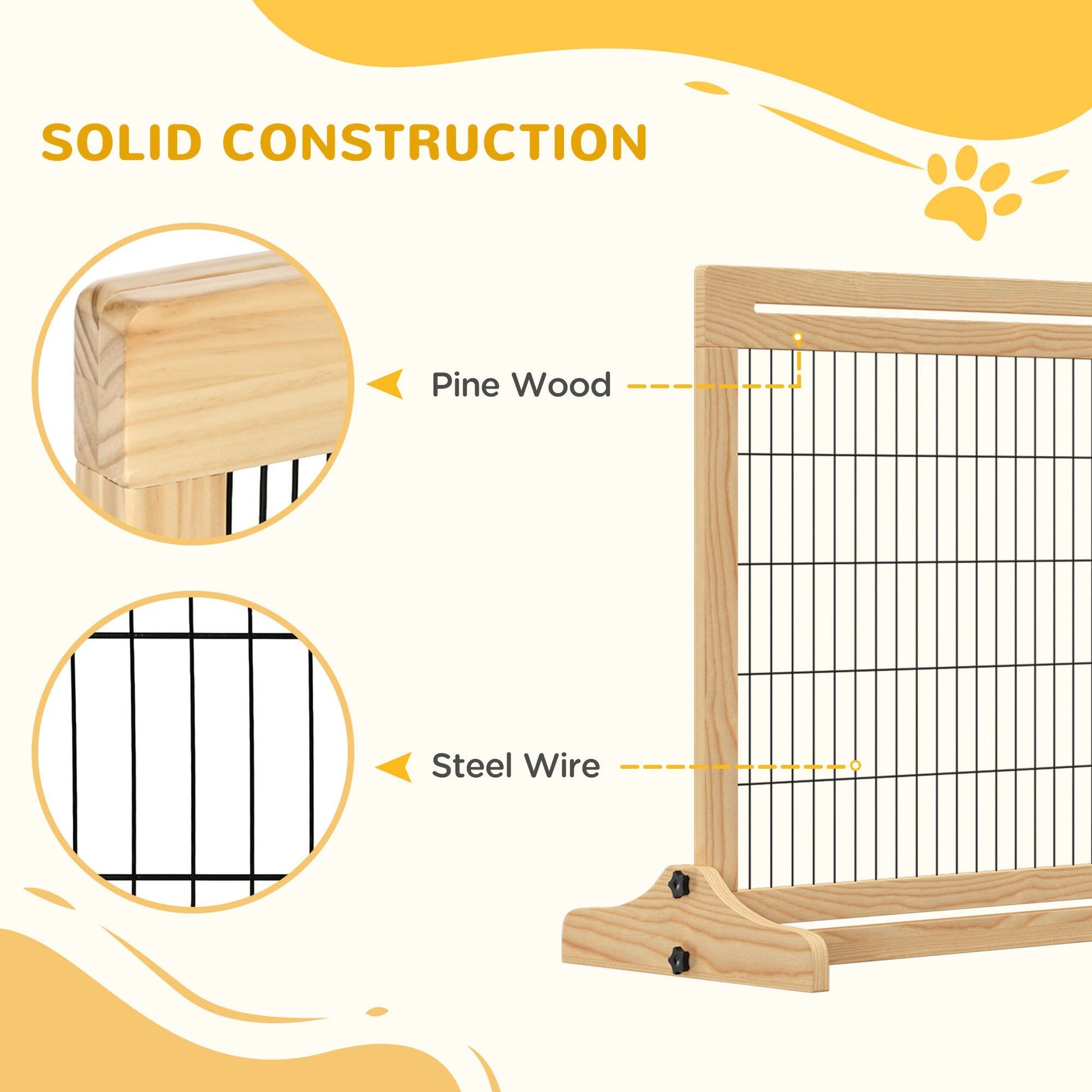 Freestanding Dog Gate, Foldable Pet Fence, Indoor Wood Barrier, Stair Gate with Support Feet, for Doorway, Hallway, Small and Medium Dogs, 69H x 104-183 cm, Natural Wood Finish