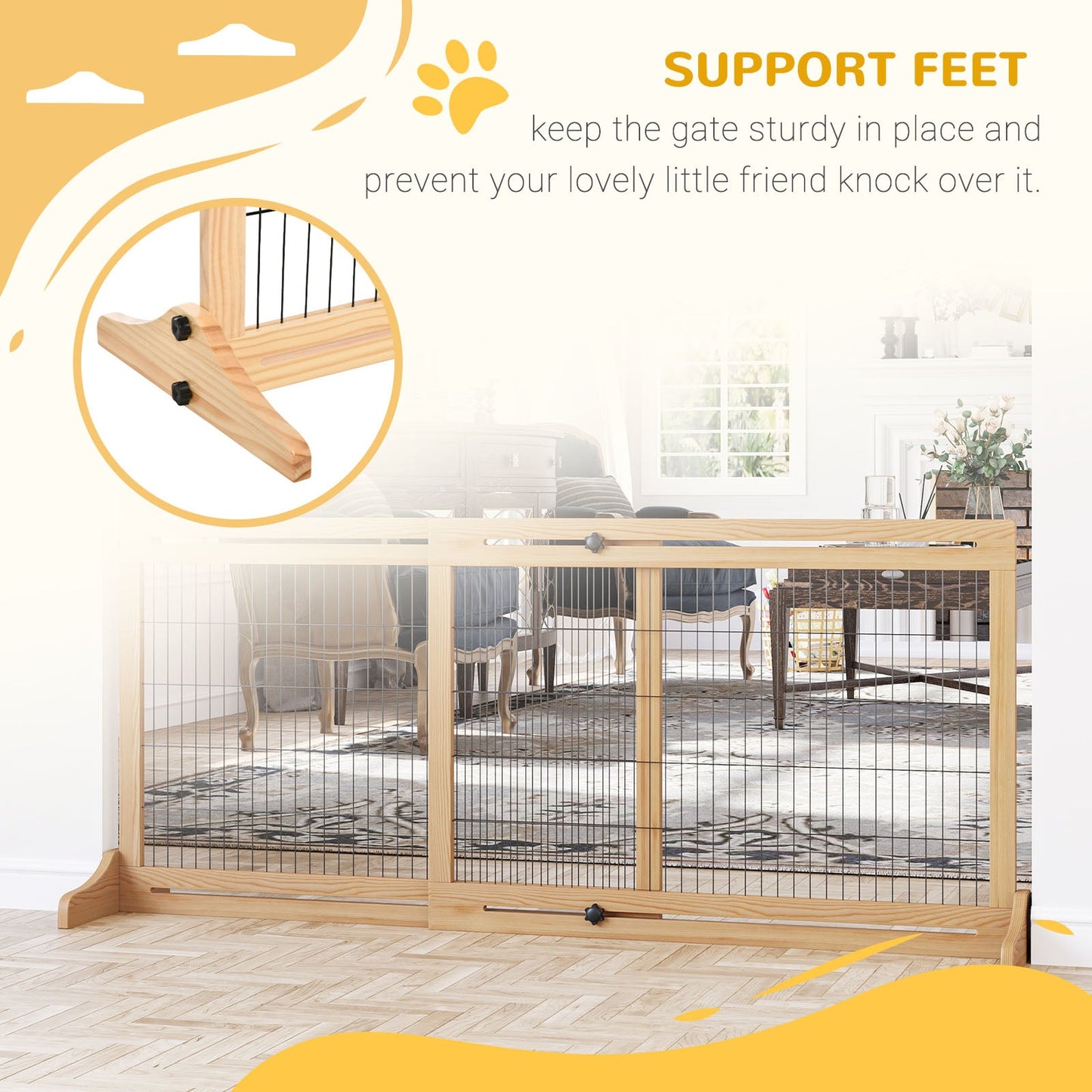Freestanding Dog Gate, Foldable Pet Fence, Indoor Wood Barrier, Stair Gate with Support Feet, for Doorway, Hallway, Small and Medium Dogs, 69H x 104-183 cm, Natural Wood Finish