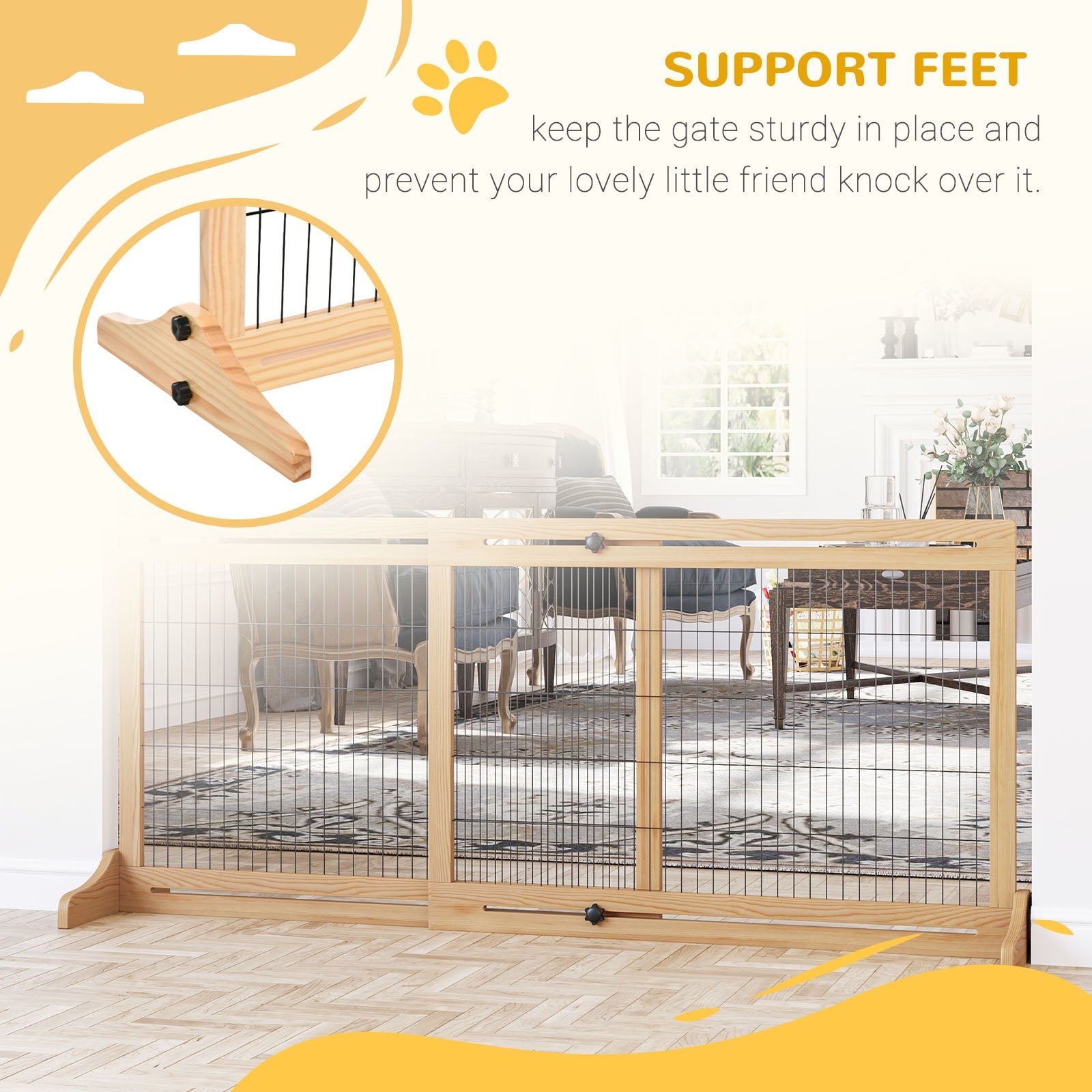 Freestanding Dog Gate, Foldable Pet Fence, Indoor Wood Barrier, Stair Gate with Support Feet, for Doorway, Hallway, Small and Medium Dogs, 69H x 104-183 cm, Natural Wood Finish