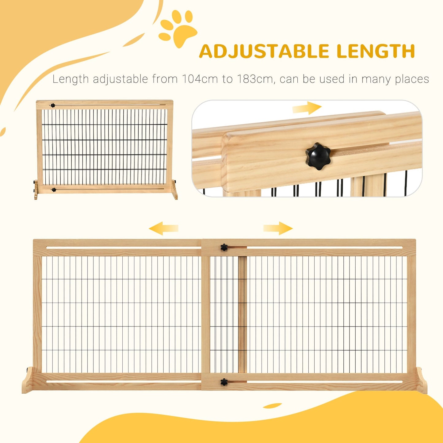 Freestanding Dog Gate, Foldable Pet Fence, Indoor Wood Barrier, Stair Gate with Support Feet, for Doorway, Hallway, Small and Medium Dogs, 69H x 104-183 cm, Natural Wood Finish