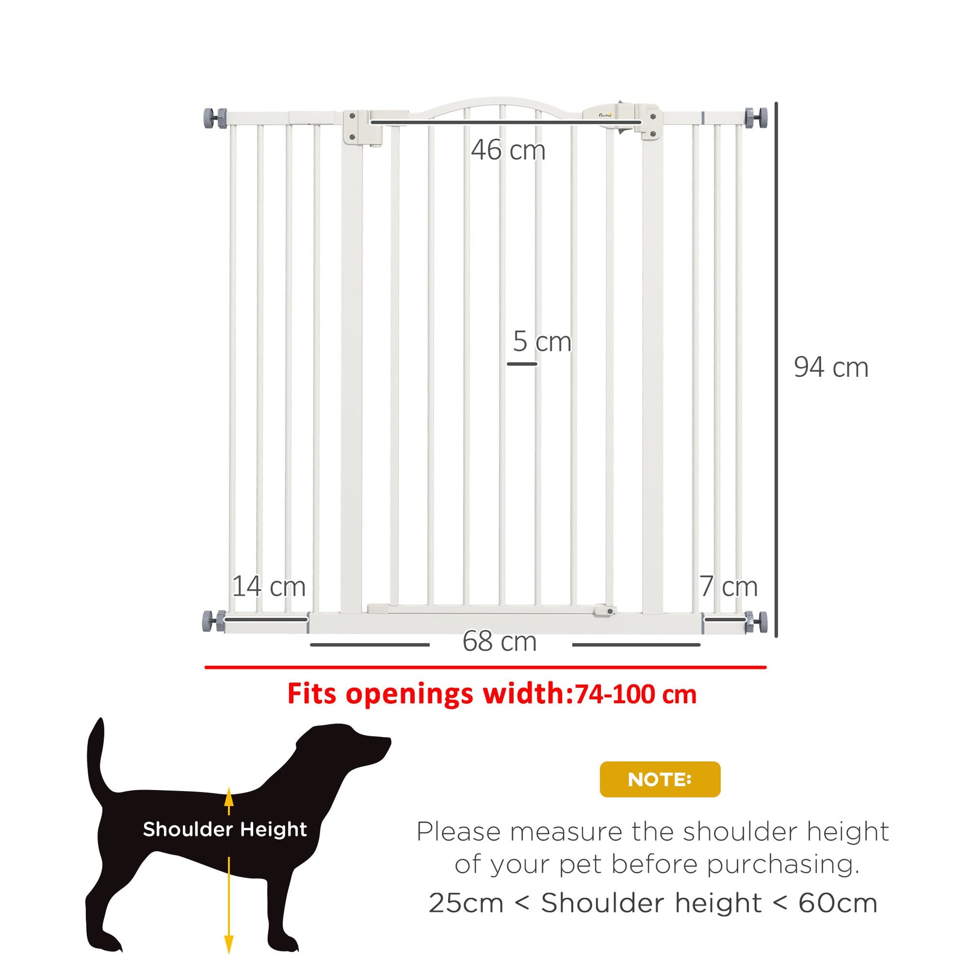 Pressure Fit Dog Stair Gate No Drilling Safety Gate Auto Close for Doorways, Hallways, 74-100cm Adjustable, 94cm Tall, White