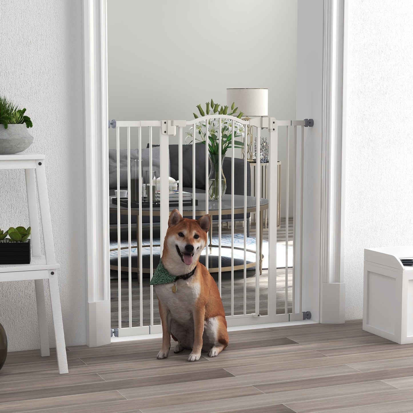 Pressure Fit Dog Stair Gate No Drilling Safety Gate Auto Close for Doorways, Hallways, 74-100cm Adjustable, 94cm Tall, White
