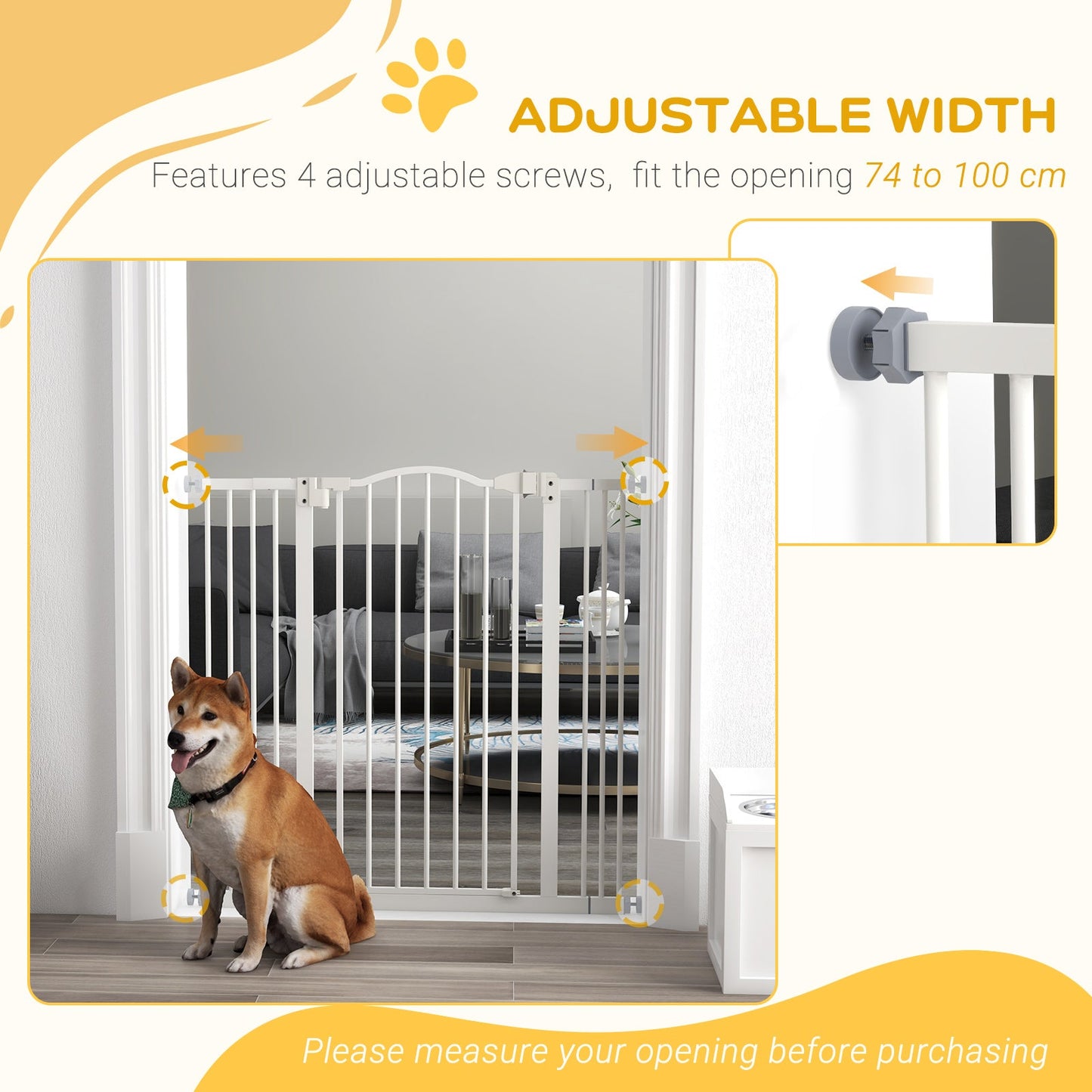 Pressure Fit Dog Stair Gate No Drilling Safety Gate Auto Close for Doorways, Hallways, 74-100cm Adjustable, 94cm Tall, White